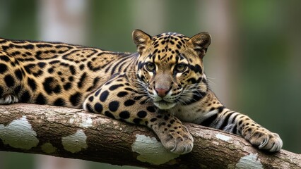 Fototapeta premium Ocelot Resting on Tree Branch in Lush Jungle, Close-Up Wildlife Portrait