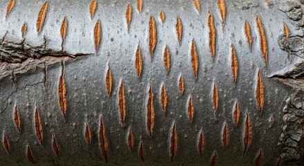 Close-up of a tree bark showing a pattern of diamond-shaped orange streaks on a textured grey surface. Cracks and imperfections reveal depth and age