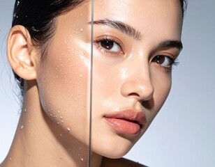 Naklejka premium Half-Hidden Beauty Portrait Behind Glass Pane with Fresh Water Spray