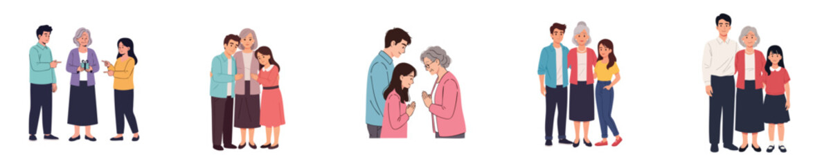 Obraz premium Happy Mothers Day Illustration Showing Family Giving Love Respect And Gifts To Mother In Flat Vector Style