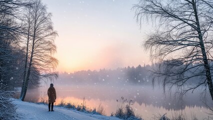 Person Standing on Snowy Lake Shore at Sunset.
