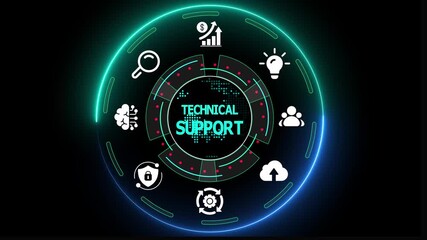 Technical support service concept with digital interface icons for IT helpdesk, cloud assistance, cybersecurity, and business technology solutions.