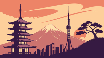 Tokyo skyline silhouette with mount fuji showcases stunning japanese vista. Suitable for travel brochures, tourism websites, and cultural presentations.