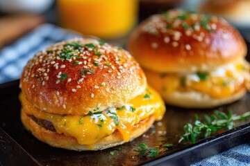 Delicious Cheesy Burgers with Melted Cheese and Fresh Herbs Served on a Plate, Perfect for Gourmet Cooking and Food Photography