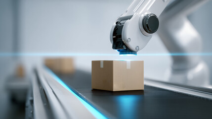 Industrial robotic arm handling a cardboard box on a conveyor belt in a modern smart factory