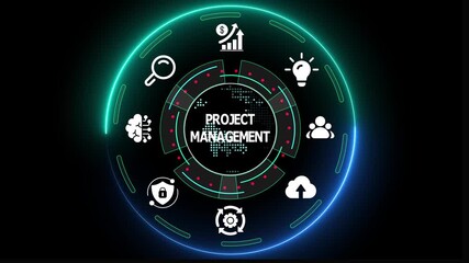 Project management workflow concept with planning icons, task coordination, performance tracking, and digital business technology interface.