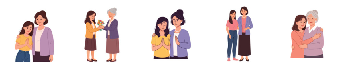 Obraz premium Happy Mothers Day Illustration Showing Loving Daughter And Elderly Mother Emotional Family Bond In Flat Vector Style