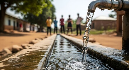 Fresh Water Flowing from a Community Tap in a Rural Village