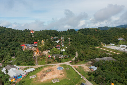E-Tong Village (or Baan E-Tong) in Kanchanaburi is a charming, misty village near the Thai-Myanmar border. Aerial view from a drone.