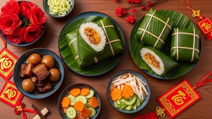 Traditional Asian dishes and decorations on a wooden table viewed from above