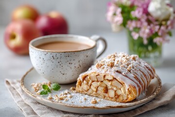 Freshly Baked Apple Strudel Served with a Cup of Coffee and Decorated with Flowers and Apples on a Rustic Table Setting