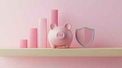 Financial concept with a pink piggy bank, bar chart growth, and dollar shield icon on a wooden shelf against a pink background