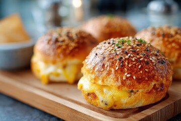 Freshly Baked Cheese Buns with Sesame Seeds and Melted Cheese on a Wooden Serving Board, Perfect for Gourmet Snack and Appetizer Presentation