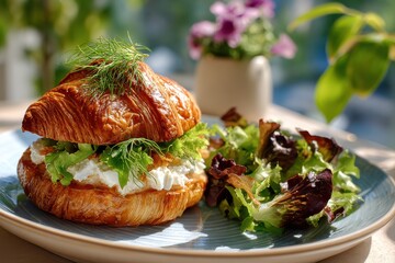 Freshly Baked Croissant Sandwich with Cream Cheese, Lettuce, and a Side Salad, Perfect for a Light Meal or Brunch in a Vibrant Setting