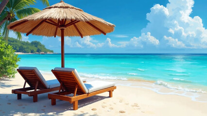 Obraz premium A tranquil tropical beach with wooden sun loungers and straw umbrellas, situated by the clear blue sea. The bright sky with large white clouds creates a relaxing atmosphere.