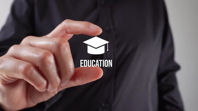 Close-up of a woman's hands holding an animated graduation cap with the word "Education" between her two fingers.
