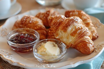 Freshly Baked Croissants on a Decorative Plate with Jam and Butter Ready for a Cozy Morning Breakfast or Afternoon Snack Experience