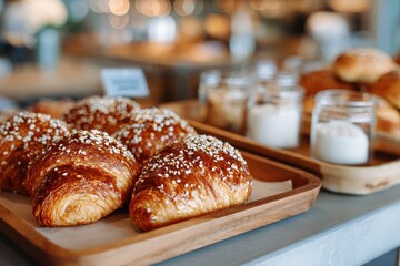 Freshly Baked Croissants and Pastries on a Wooden Tray in a Cozy Bakery Setting with Blurred Background and Natural Light
