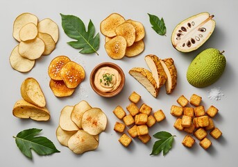 Flat lay various kinds of food made from breadfruit