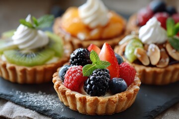 Freshly Baked Fruit Tarts with Whipped Cream and Mint Garnish on a Slate Serving Board, Perfect for Dessert and Bakery Display