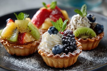 Freshly Baked Fruit Tarts with Whipped Cream, Berries, and Mint Leaves Served on a Black Plate, Perfect for Dessert Lovers and Gourmets