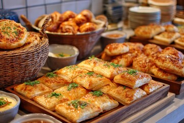 Freshly Baked Pastries Displayed on Rustic Wooden Table in Cozy Bakery with Varied Treats and Delicate Garnish, Warm Lighting Highlights Each Creation