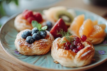 Freshly Baked Pastries with Colorful Fruit Garnishes Displayed on a Rustic Plate in a Cozy Cafe Setting, Perfect for Food Photography and Culinary Inspiration