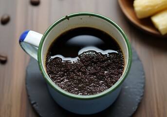 Top view of Indonesian traditional coffee called Kopi Tubruk on enamel cup