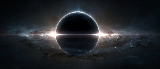 Massive black hole in deep space with a glowing accretion disk and light bending effects