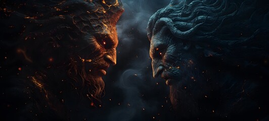 Pointillist grunge design of God vs demon with abstract dotted pattern,generative AI