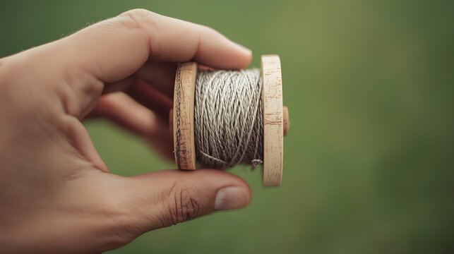 Macro Shot of Hand Holding Vintage Wooden Spool with Kite String