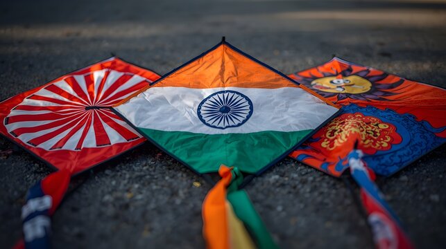 Collection of Traditional Kites with Indian Flag and Cultural Patterns on Ground