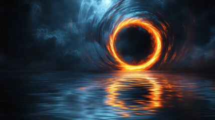 Abstract futuristic background with glowing orange and blue neon circle ring and floating light particles on dark reflective surface