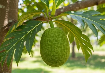 Fresh Breadfruit Growing on Tree in Tropical Garden