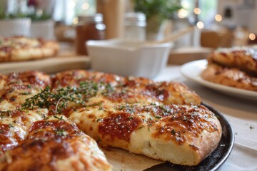 Freshly Baked Pizza with Tasty Cheese and Herbs on a Rustic Table Surrounded by Unique Kitchen Decor and a Cozy Ambiance for Culinary Enthusiasts