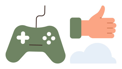 Game controller with buttons and cable, thumbs-up hand gesture, and cloud shape. Ideal for gaming, approval, online platforms, cloud computing, creativity fun and tech connection. Simple flat © robu_s