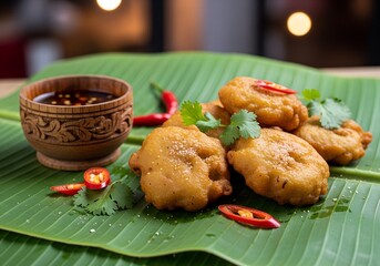 traditional breadfruit fritters served on banana leaves