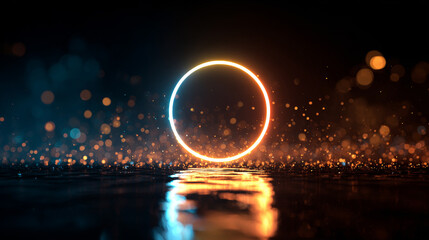 Abstract futuristic background with glowing orange and blue neon circle ring and floating light particles on dark reflective surface