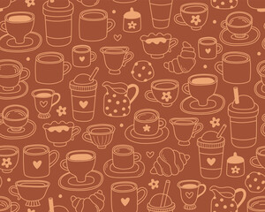 Seamless pattern with outline illustrations of coffee and tea on brown background. Teapots, mugs and cups, coffee grinder, coffee beans. Pattern for coffee shop, cafe menu.