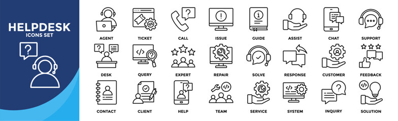Helpdesk icon set collection. pack contain support, ticket, agent, chat, call, assist, response, query, help, solve