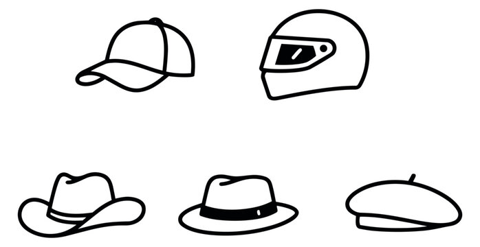 Hand drawn headwear set featuring a baseball cap, a helmet, a cowboy hat, a fedora, and a beret for different occasions
