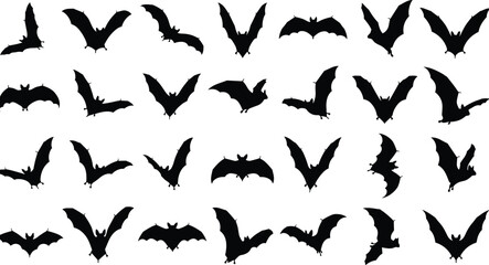Collection of flying bat silhouettes in various wing positions, spooky black Halloween bats icons set isolated on white background vector