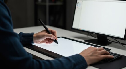 Creative professional using a pen tablet for digital art.