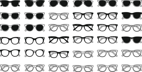 Collection of stylish eyeglasses and sunglasses silhouettes, modern eyewear frame icons set, fashion accessory illustration for design and digital projects branding