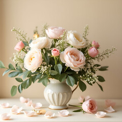 Soft studio lighting floral still life with elegant matte vase, minimalist arrangement.