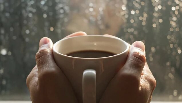 Close up view of warm hands gently cradling a steaming hot beverage on a rainy day indoors for comfort.