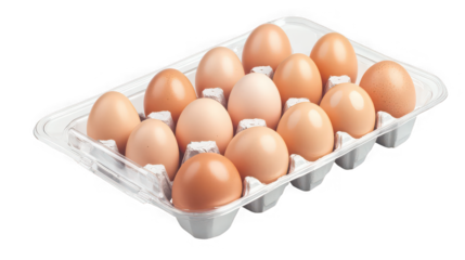 Twelve fresh brown chicken eggs perfectly situated within a clear plastic and molded pulp container isolated against a black background for food concept designs.