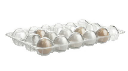 Fresh white and brown eggs securely nestled within a transparent plastic carton for safe grocery transport and storage isolation