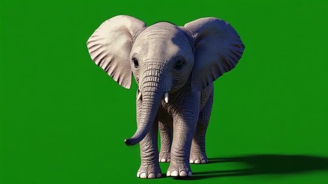 Cute elephant walking towards camera on green background
