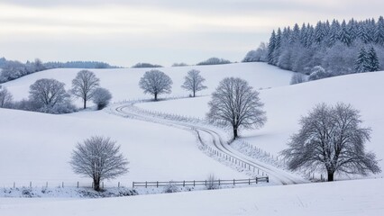 Obraz premium Snowy Landscape with Trees and Fence.